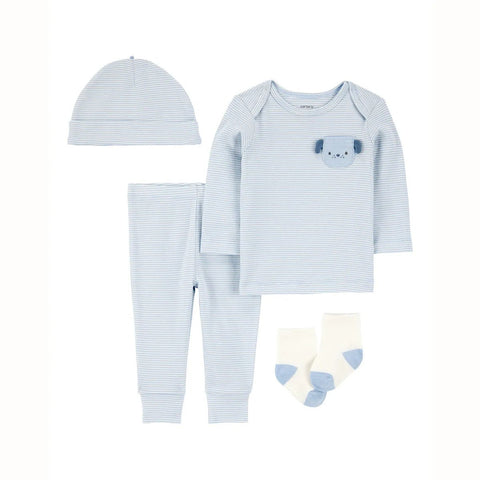 Conjunto Carters 4 piezas: camisa manga larga, pantalón, gorrito y calcetines con diseño de perrito color celeste para niño - Kinder Guatemala - Conjuntos multipiezas