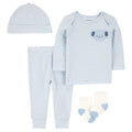 Conjunto Carters 4 piezas: camisa manga larga, pantalón, gorrito y calcetines con diseño de perrito color celeste para niño - Kinder Guatemala - conjuntos multipiezas 3 - 4 - 6 - 8 - 9