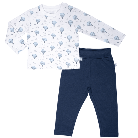 Conjunto de 2 piezas Kinder: Camisa de manga larga con diseño de globos aerostáticos y pantalón para niño. - Kinder Guatemala - Conjunto camisa y pantalón