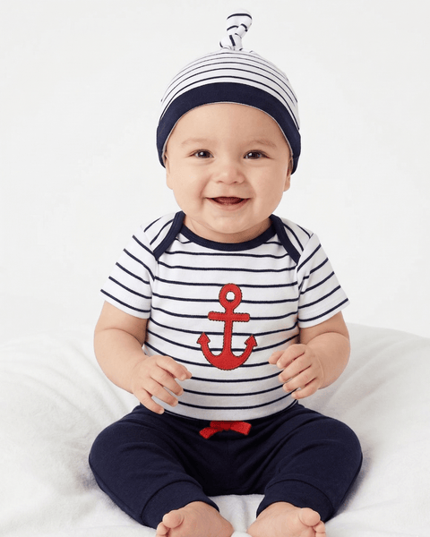 Conjunto de 3 piezas Little camisa body m/c pantalon knit y gorra marinero - Kinder Guatemala - conjunto con pantalón o leggins