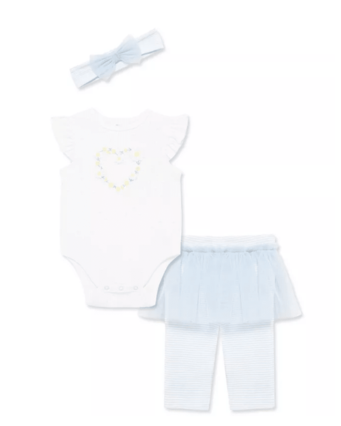 Conjunto de 3 piezas Little Me blusa body , falda - tutu - leggins y banda para el cabello corazón - Kinder Guatemala - conjunto con pantalón o leggins