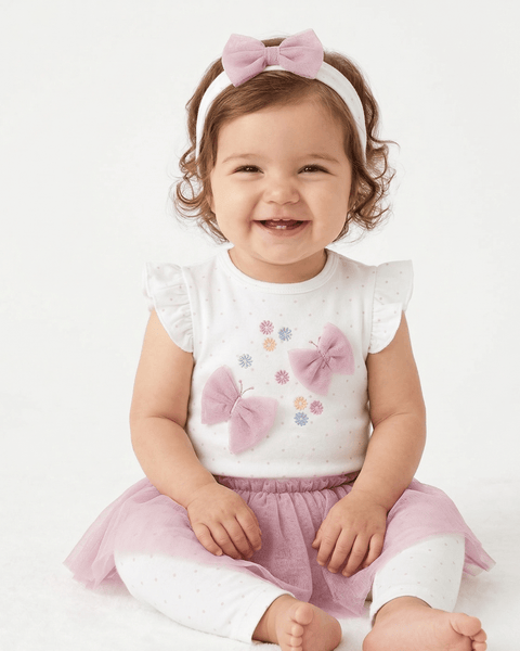 Conjunto de 3 piezas Little Me blusa body , falda - tutu - leggins y banda para el cabello mariposa - Kinder Guatemala - conjunto con pantalón o leggins
