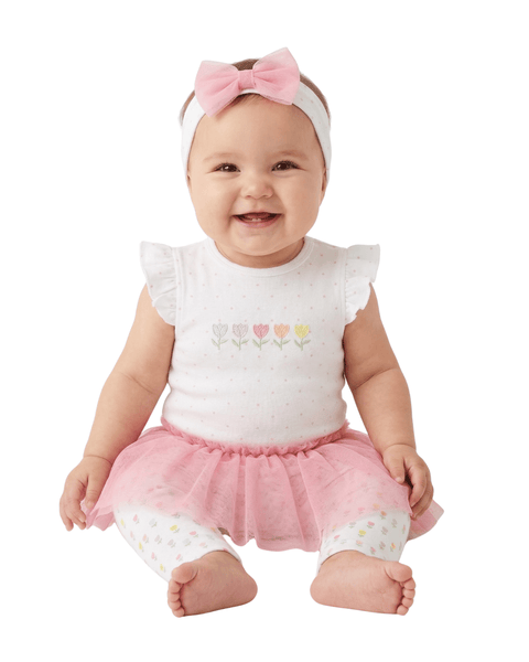 Conjunto de 3 piezas Little Me blusa body , falda - tutu - leggins y banda para el cabello tulipanes - Kinder Guatemala - conjunto con pantalón o leggins