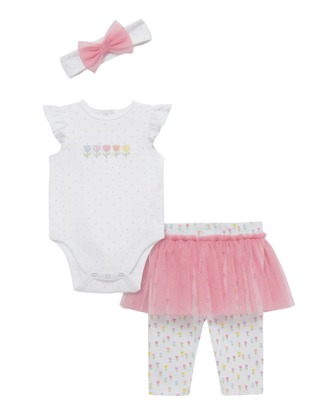 Conjunto de 3 piezas Little Me blusa body , falda - tutu - leggins y banda para el cabello tulipanes - Kinder Guatemala - conjunto con pantalón o leggins