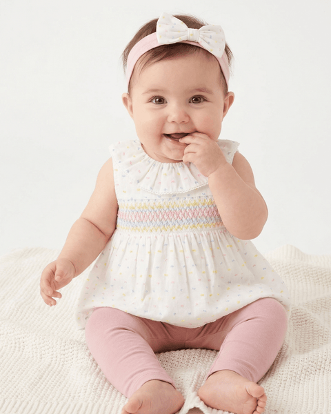 Conjunto de 3 piezas Little Me Blusa tela plana, leggins y banda para el cabello tira bordada eyelet - Kinder Guatemala - conjunto con pantalón o leggins