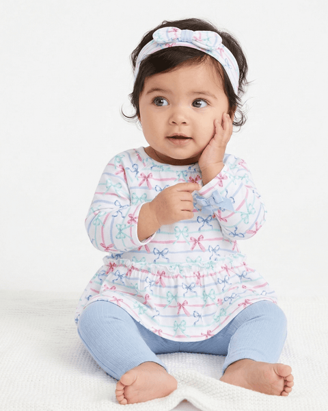 Conjunto de 3 piezas Little Me Blusa túnica, leggins y banda para el cabello Moñitas - Kinder Guatemala - conjunto con pantalón o leggins