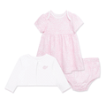 Conjunto de 3 piezas Little Me vestido, calzoncito y cardigan rositas - Kinder Guatemala - conjunto con sweter o cardigan chaqueta o chaleco