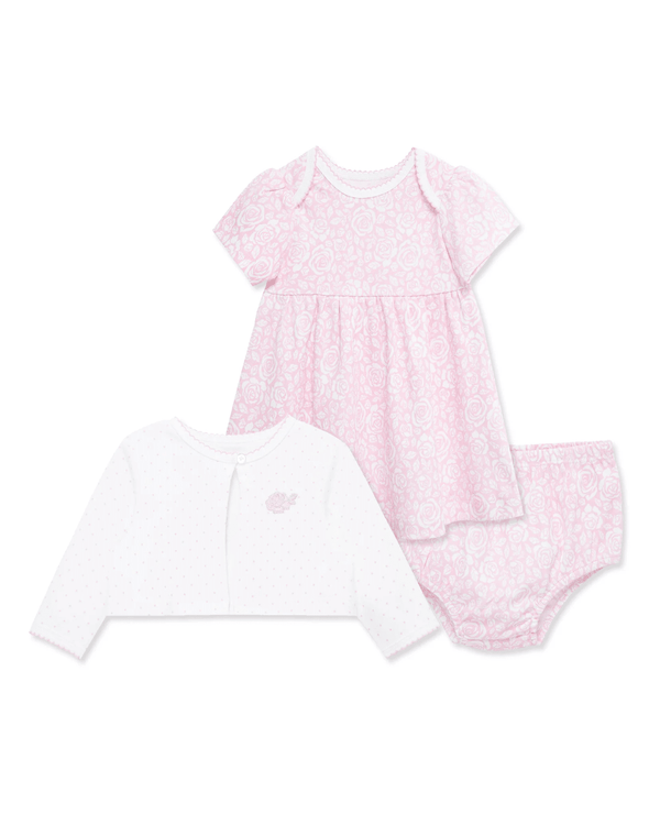 Conjunto de 3 piezas Little Me vestido, calzoncito y cardigan rositas - Kinder Guatemala - conjunto con sweter o cardigan chaqueta o chaleco