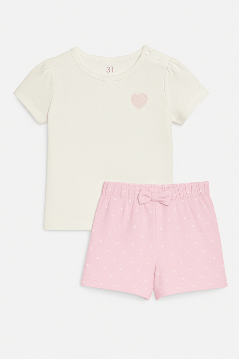Conjunto Kinder 2 piezas: body manga corta, y Short con diseño corazones de algodón color rosa para Niña - Kinder Guatemala - conjunto con falda /short/bermuda