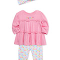 Conjunto Little Me 3 piezas: blusa tipo tunica manga larga color rosado, leggings y cinta para el cabello diseño floral multicolor de algodón para niña - Kinder Guatemala - Conjunto Blusa y pantalón