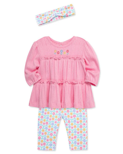 Conjunto Little Me 3 piezas: blusa tipo tunica manga larga color rosado, leggings y cinta para el cabello diseño floral multicolor de algodón para niña - Kinder Guatemala - Conjunto Blusa y pantalón