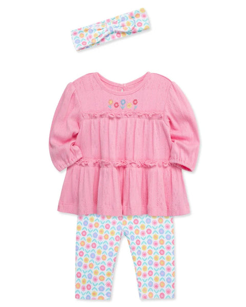 Conjunto Little Me 3 piezas: blusa tipo tunica manga larga color rosado, leggings y cinta para el cabello diseño floral multicolor de algodón para niña - Kinder Guatemala - Conjunto Blusa y pantalón
