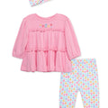 Conjunto Little Me 3 piezas: blusa tipo tunica manga larga color rosado, leggings y cinta para el cabello diseño floral multicolor de algodón para niña - Kinder Guatemala - Conjunto Blusa y pantalón