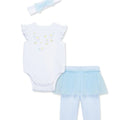 Conjunto Little Me 3 piezas: body manga mariposa, Leggings con tutu y cinta para el cabello estampado color celeste de algodón para niña - Kinder Guatemala - Conjunto Body y pantalón