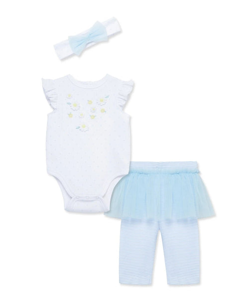 Conjunto Little Me 3 piezas: body manga mariposa, Leggings con tutu y cinta para el cabello estampado color celeste de algodón para niña - Kinder Guatemala - Conjunto Body y pantalón