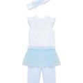 Conjunto Little Me 3 piezas: body manga mariposa, Leggings con tutu y cinta para el cabello estampado color celeste de algodón para niña - Kinder Guatemala - Conjunto Body y pantalón