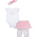 Conjunto Little Me 3 piezas: body manga mariposa, leggings con tutu y cinta para el cabello estampado color rosado de algodón para niña - Kinder Guatemala - Conjunto Body y pantalón