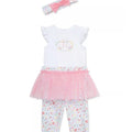 Conjunto Little Me 3 piezas: body manga mariposa, leggings con tutu y cinta para el cabello estampado color rosado de algodón para niña - Kinder Guatemala - Conjunto Body y pantalón