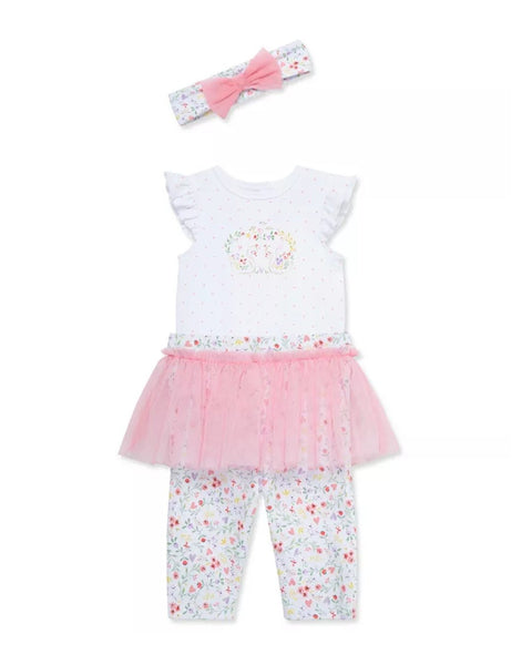 Conjunto Little Me 3 piezas: body manga mariposa, leggings con tutu y cinta para el cabello estampado color rosado de algodón para niña - Kinder Guatemala - Conjunto Body y pantalón