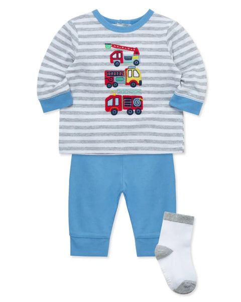 Conjunto Little Me 3 piezas: camisa manga larga, pantalón y calcetines diseño camion de bomberos color azul de algodón para niño - Kinder Guatemala - Conjunto camisa y pantalón