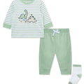 Conjunto Little Me 3 piezas: camisa manga larga, pantalón y calcetines diseño dinosaurio color verde de algodón para niño - Kinder Guatemala - Conjunto camisa y pantalón