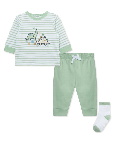Conjunto Little Me 3 piezas: camisa manga larga, pantalón y calcetines diseño dinosaurio color verde de algodón para niño - Kinder Guatemala - Conjunto camisa y pantalón