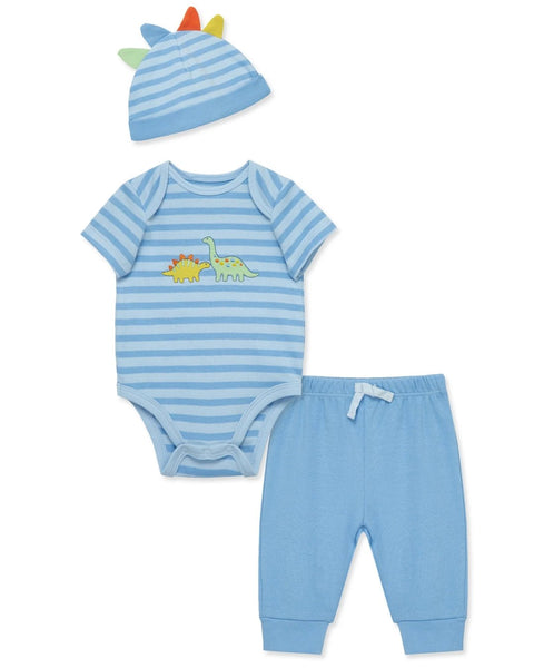 Conjunto Little Me 3 piezas: camisa manga larga, pantalón y gorro diseño diñosaurios color azul de algodón para niño - Kinder Guatemala - Conjunto camisa y pantalón
