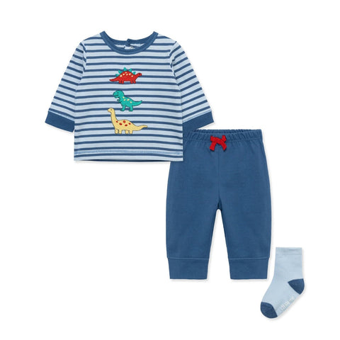 Conjunto Little Me 3 piezas camisa manga larga rayada, pantalon y calcetines con diseño de dinosaurio para niño - Kinder Guatemala - Conjunto camisa y pantalón
