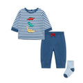 Conjunto Little Me 3 piezas camisa manga larga rayada, pantalon y calcetines con diseño de dinosaurio para niño - Kinder Guatemala - Conjunto camisa y pantalón