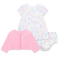 Conjunto Little Me 3 Piezas: Vestido, sueter y calzoncito diseño tulipanes multicolor de algodón para niña - Kinder Guatemala - Conjunto de vestido