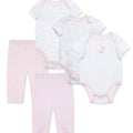 Conjunto Little Me 5 piezas: 3 bodys manga cota y 2 leggings diseño conejos color rosado de algodón para niña - Kinder Guatemala - Conjunto Body y pantalón