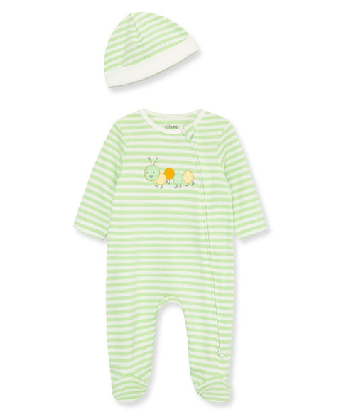 Conjunto Little Me pijama con pies, zipper delantero y gorrita estampado de rayas y diseño de oruga niño - Kinder Guatemala - Para dormir