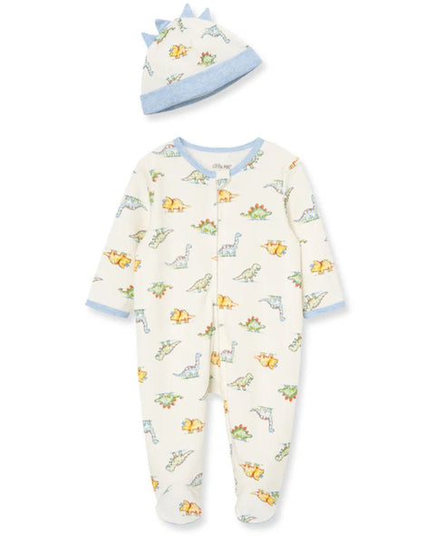Conjunto Little Me pijama con pies, zipper delantero y gorrita estampado y diseño de dinosaurio niño - Kinder Guatemala - pijama de algodón
