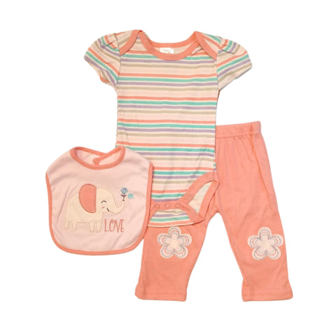 Conjunto 3 piezas Baby Elements: body manga corta, pantalón y babero rosado diseño de elefante para niña.