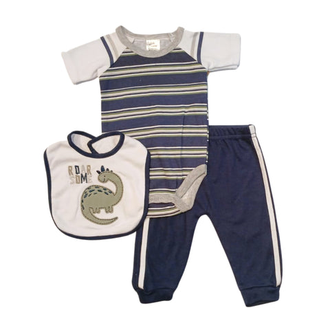 Conjunto 3 piezas Baby Elements: Body manga corta, pantalon y babero azul diseño de dinosaurio para niño.