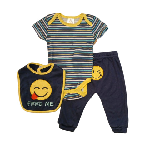 Conjunto 3 piezas Baby Elements: Body manga corta, pantalón y babero azul diseño de emoji para niño.