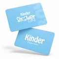 Tarjeta de regalo Kinder Shower Card azul para baby shower de niño. Diseño con logo y corazón.