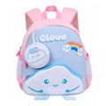 Mochila infantil Wolfy rosa y celeste con diseño de nube sonriente, arcoíris y monedero redondo de