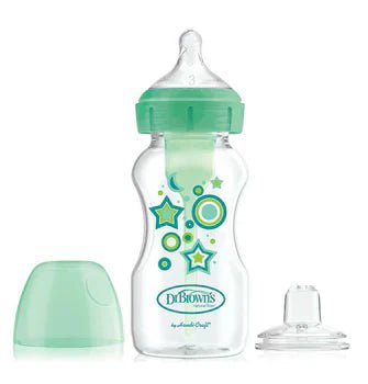 Pacha de Transición Verde 9oz. CA, mamón n3 y boquilla suave verde Dr Brown's - Kinder Guatemala - Pacha de Transición