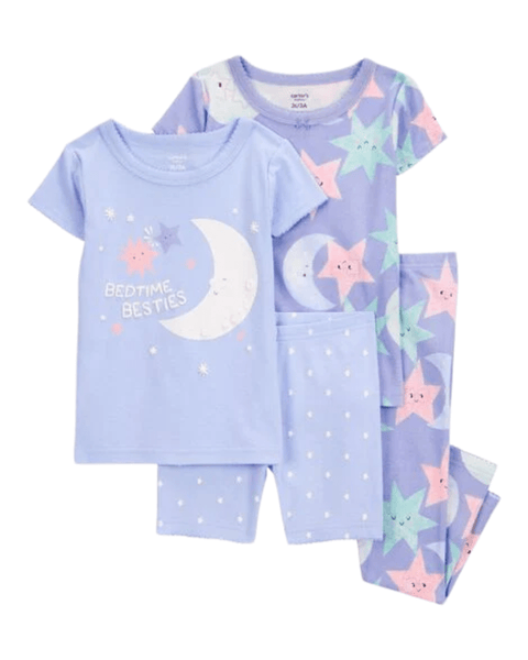 Pijama Carters 4 piezas: 1 pantalón, short y2 blusas de manga corta diseño de estrellas color morado para niña - Kinder Guatemala - pijama básica