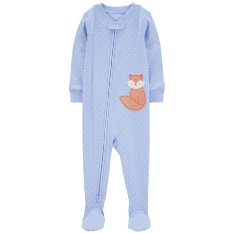 Pijama Carter's con pies y zipper de dos vias diseño de zorro celeste, para niña. - Kinder Guatemala - Pijama con pies.