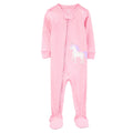 Pijama de algodón rosado Carters con diseño de unicornio, pies cubiertos y zipper frontal para bebé niña.