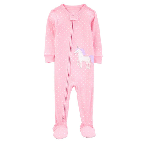 Pijama de algodón rosado Carters con diseño de unicornio, pies cubiertos y zipper frontal para bebé niña.