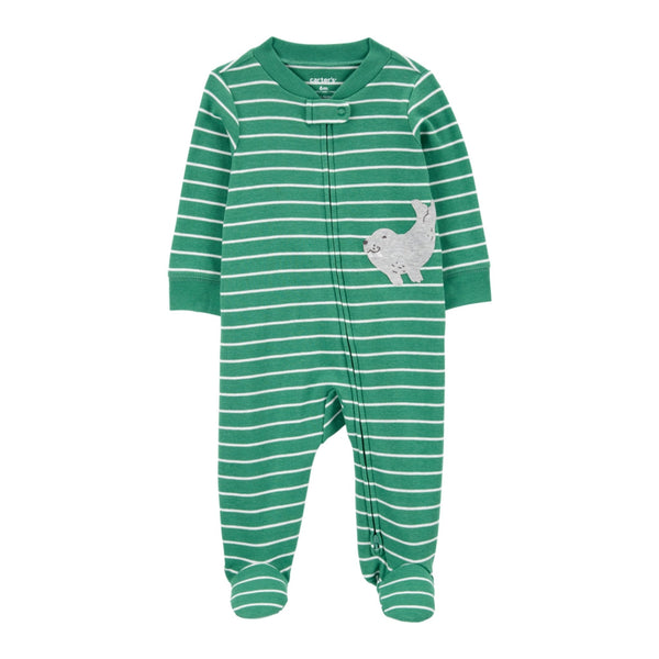 Pijama Carters con pies, zipper de dos vias con estampado rayado y diseño de morsa verde para niño - Kinder Guatemala - Pijama con pies.