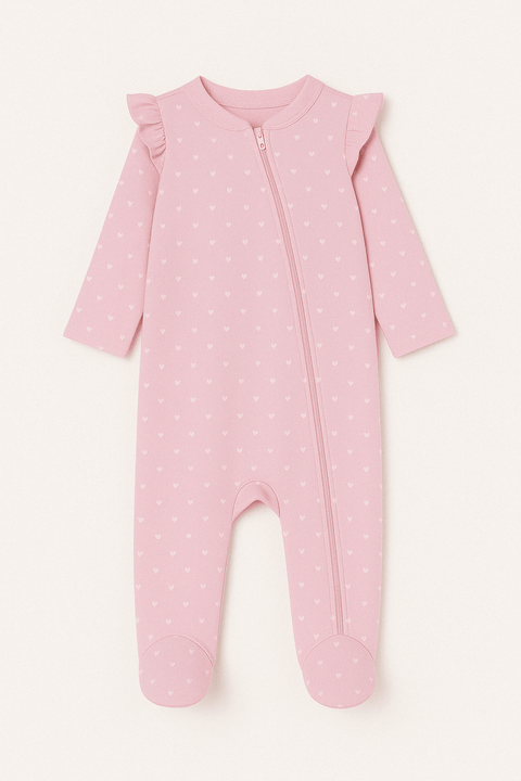 Pijama Kinder con pies y zipper diseño corazones de algodón color rosada para niña - Kinder Guatemala - pijama de algodón
