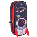 Portalápices Wolfy negro y rojo con diseño de astronauta, cohetes y planetas para escuela y oficina.