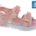 Sandalía Beppi en tela, con flores decorativas en ambos velcros para poner y ajustar fácilmente suela antideslizante de goma, aromática para niña color coral - Kinder Guatemala - Sandalias