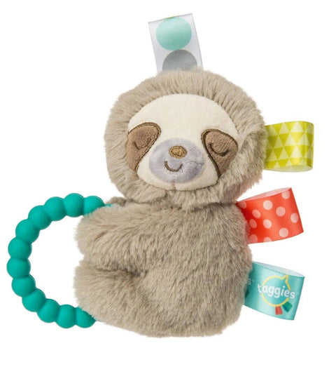 Sonajero mordedor Taggies Molasses Perezoso de peluche suave con anillo de silicona turquesa y cintas