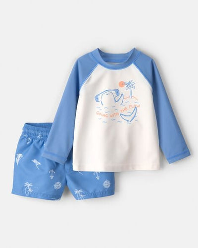 Traje de Baño Carters 2 piezas: T-shirt manga larga con diseño y Short color celeste para niño - Kinder Guatemala - 