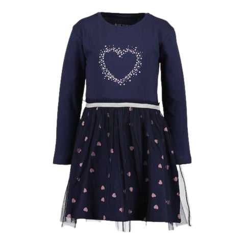 Vestido Blue Seven azul con manga larga y falda de Tul, corazones al frente con glitter para niña. - Kinder Guatemala - 